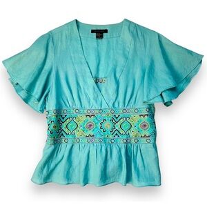Vintage 90s Silkland Aqua Linen 2 Piece Set Embroidered Boho Skirt Suit Size 12